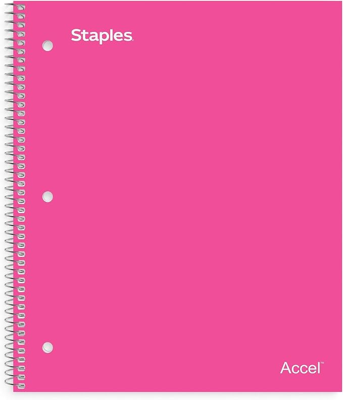 STAPLES Premium 1 Subject Notebook, 8.5 inch x 11 inch, College Ruled, 100 Sheets, Pink, 3/Pack