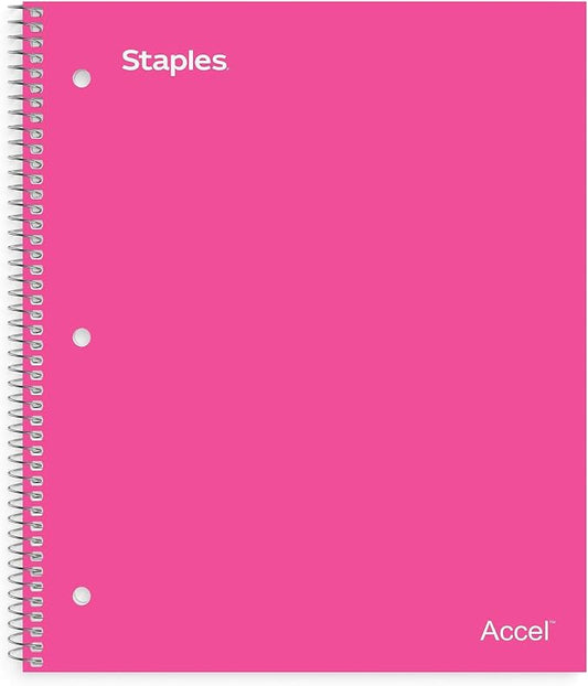 STAPLES Premium 1 Subject Notebook, 8.5 inch x 11 inch, College Ruled, 100 Sheets, Pink, 3/Pack