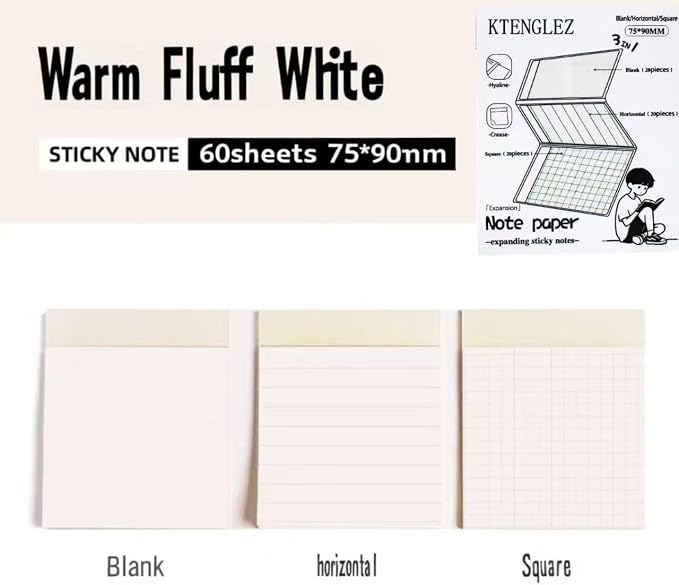 Functional Tabbed StickyNotes Booklet 60 Sheets (Square/Blank/Lined Paper)/Pad 3x3.5 Cute Sticky Notes with Transparent Adhesive Strip Top Great for Home Office School Supplies