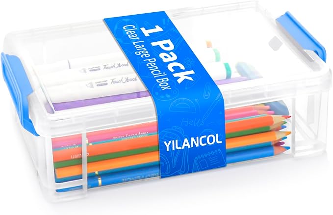 Extra Large Clear Pencil Box for Crayons, Markers, Art Supplies, Plastic Hard Pencil Case with Secure Lid, Stackable Hard Storage Organizer Box for Classroom & Office,Large Size (Blue)