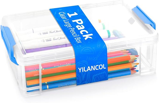 Extra Large Clear Pencil Box for Crayons, Markers, Art Supplies, Plastic Hard Pencil Case with Secure Lid, Stackable Hard Storage Organizer Box for Classroom & Office,Large Size (Blue)