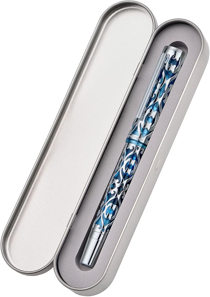 HONG DIAN D1 Piston Fountain Pen Extra Fine Soft Nib, Silver Blue Hollow Skeleton & Resin Pen with Metal Case Set