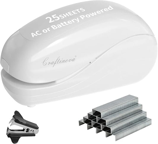 Electric Stapler,Including 2000 Staples and 1 Staple Remover, Suitable for Palm Size and high Comfort，25 Sheet Capacity, AC Adapter or Battery Powered，Battery not Included，(White)