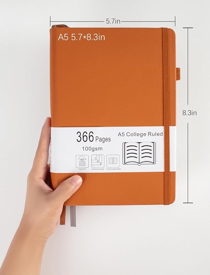 Thick College Ruled Notebook with 366 Numbered Pages, A5 Journals for Writing with 100GSM Lined Paper, Hardcover Leather Notebooks for Women Men School Note Taking Office Work Diary, Yellow