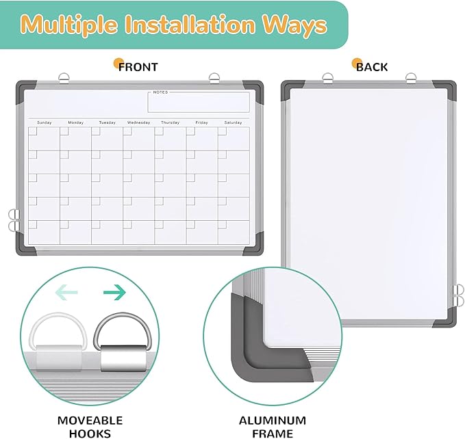 Monthly Calendar Whiteboard for Wall, 16x12 Inches Dry Erase Board, Small Magnetic White Board, Double-Sided Hanging Board for Office School Home Kitchen, Portable Board for Drawing Planning Memo