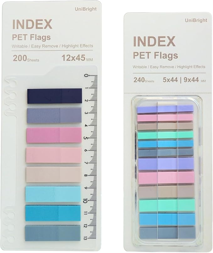 UniBright 440 pcs Sticky Tabs for Books, Transparent Repositionable Page Markers, Morandi Colors with Ruler & Dispenser, Writable Tabs for Notebooks and Bible, Office, School, Home Use