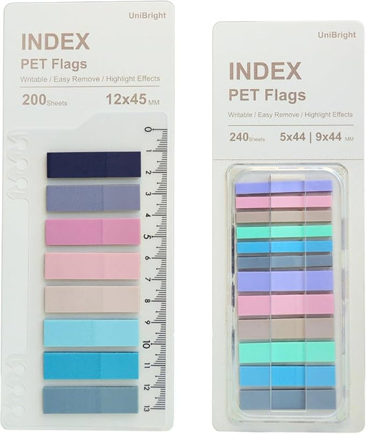 UniBright 440 pcs Sticky Tabs for Books, Transparent Repositionable Page Markers, Morandi Colors with Ruler & Dispenser, Writable Tabs for Notebooks and Bible, Office, School, Home Use