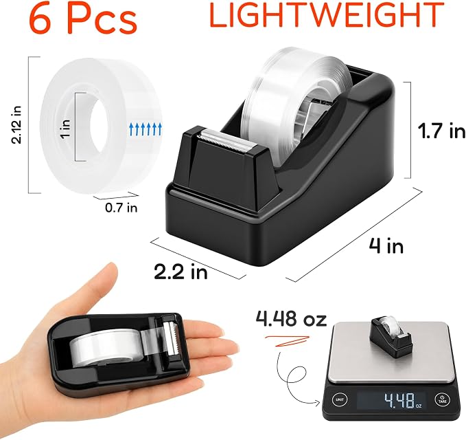 Lightweight Desktop Tape Dispenser, Tape Holder with 6 Rolls Transparent Tape, Stable Non-Skid Base for Office, Home & School, 1-Inch Core (0.71 in x 1000 in Each)