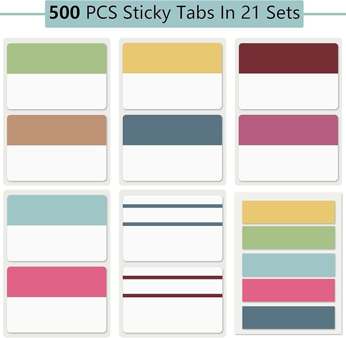 ELII 500 PCS Sticky Tabs 2 Inch Index Tabs, Colored Page Markers | Repositionable Tags,Reading Tabs,Self Adhesive,Tape Flags for Books, Binders, Notebook and File Folders,Smooth Writing