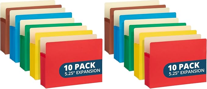 Blue Summit 10 Expanding File Pockets, Accordion File Folders Letter Size, 5.25” Expandable Pockets, Assorted Colors (Pack of 2)