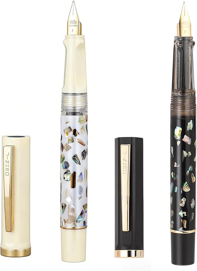 Jinhao 58 Fountain Pen Gift Set of 2 - Natural Sea Shell Inlay Fine Nib Luxury Writing Pens with Jinhao Orange Box & Ink Converters, Black & White