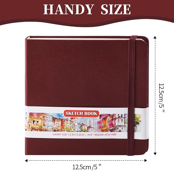 Square 5x5in 80gsm 192Pages Hardcover Notebooks Blank Sketchbooks | Travel Journal Pocket Sketchbook Art Creation Paint Writing Diary Memo Planner Sketchbook PU Cover