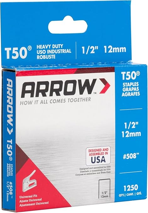 Arrow 508 Heavy Duty T50 1/2-Inch Leg Length, 3/8-Inch Crown, Staples for Upholstery, Construction, Furniture, Crafts, 1250 Count(Pack of 1) | Heavy Duty, For Upholstery, Construction, Furniture, Crafts, Fit Arrow T50 Staple Guns, Hammer Tackers and Pn...