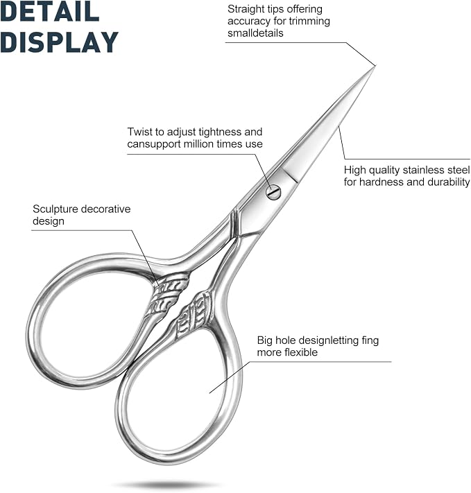 Small Facial Hair Scissors, Stainless steel (silver) Straight Tip Snips Beauty Grooming Kit for Eyebrows, Beard, Ear, Nose, Moustache Trimming with PU Case