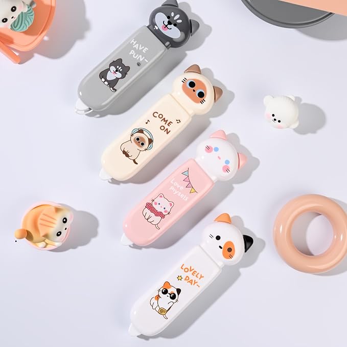 4-Count Cute Cat Correction Tape, Retractable Tape for School & Office | Cute cat design with smooth application and tear-resistant tape, perfect for correcting notes, homework and office documents.
