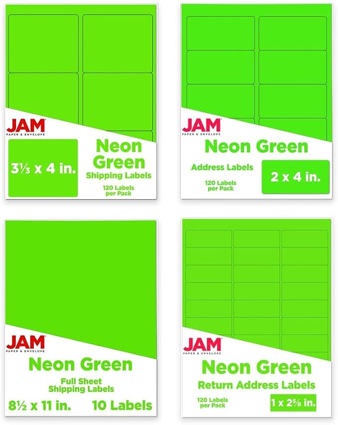 JAM PAPER Shipping & Mailing Address Labels - Multi Size Assortment - Neon Green - 370/Pack