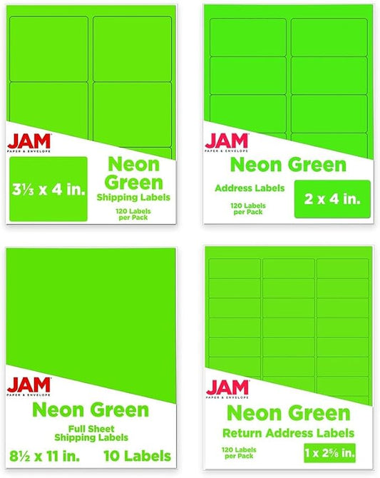 JAM PAPER Shipping & Mailing Address Labels - Multi Size Assortment - Neon Green - 370/Pack