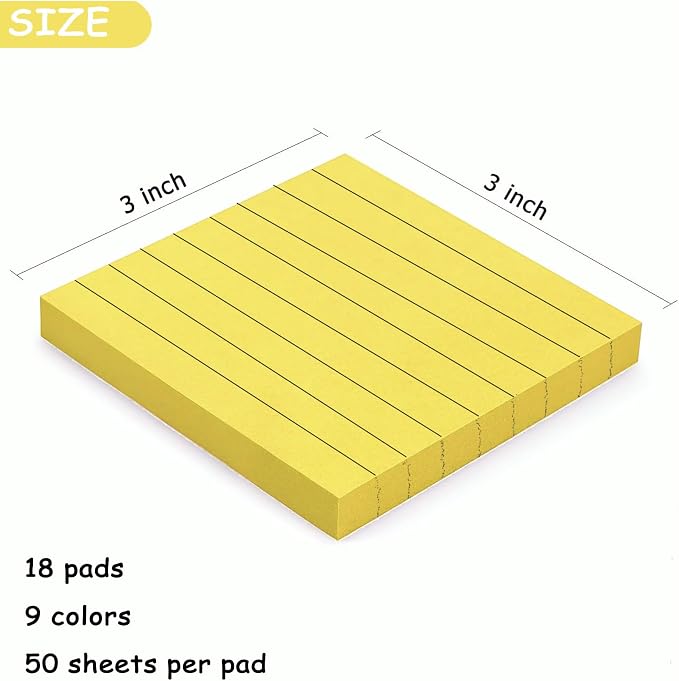 Lined Sticky Notes, Sticky Notes with Lines 18 Pads 9 Colors 3x3 50 Sheets Large Self-Stick Lined Stickies College Ruled Note Pads Teacher Back to School Supplies and Oﬃce Products
