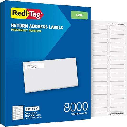Redi-Tag 0.5" x 1.75" Address Labels, 8000 per Pack, White, Laser Printer Labels, 1/2" x1-3/4, Self-Adhesive, Permanent Stick, Smudge-Resistant, Perfect for Mailing, Office, and Home Use