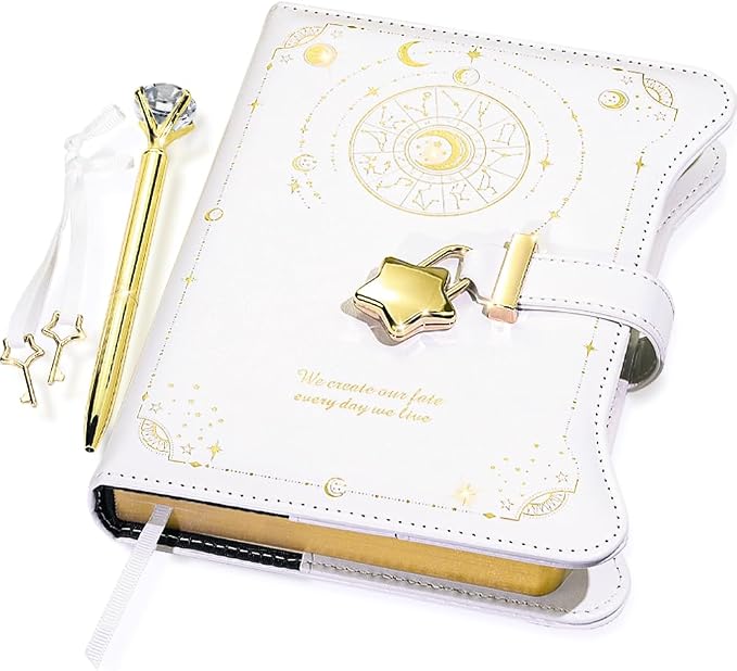 Hoci Poci Diary with Lock and Keys for Girls Gift Ideas, 360 Pages Journal | Elegant Gift Box for Teen Girls, B6 Kraft Pages Refillable Notebook with Pen and Bookmark for Writing, Astro White