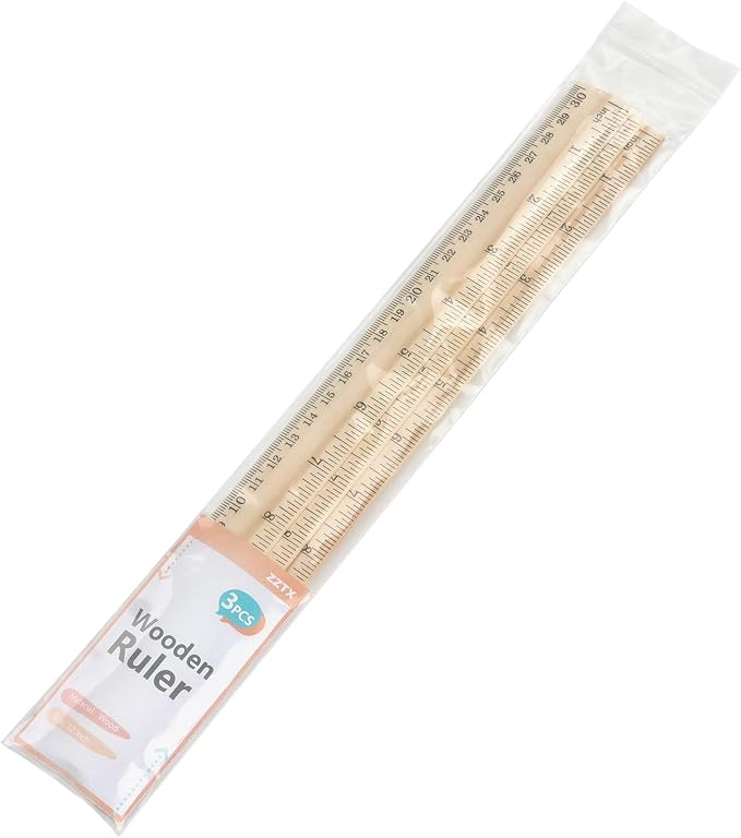 ZZTX 3 Pack Wooden Ruler 12 Inch（30 cm) | 2-in-1 scale design, Durable material, Double level design
