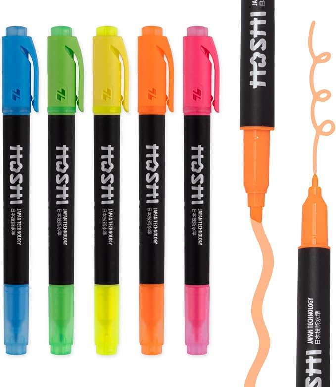 Hoshi 5PCs Premium Fluorescent Dual Tip Highlighters, Assorted Aesthetic Colors Highlighter Set, High Ink Capacity, No Bleed, Quick Dry for Arts, Craft Projects