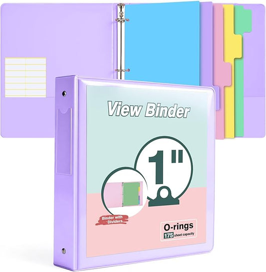 3 Ring Binder 1 inch，Cute Binder Organizer with 5 Tab Dividers Fits 175 Sheets of 8.5x11 Paper, Customizable Clear Cover with Inside Pockets, Aesthetic 1" Three Ring Binders for School Office，Purple