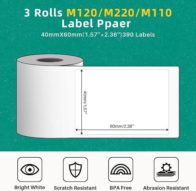 Phomemo Thermal Label 1.57'' x 2.36'' (40x60mm), Self-Adhesive Label | for M110/M220/M110/M108/M250/M120/M150/M260/M221/M200,130 Pcs /Roll, Black on White