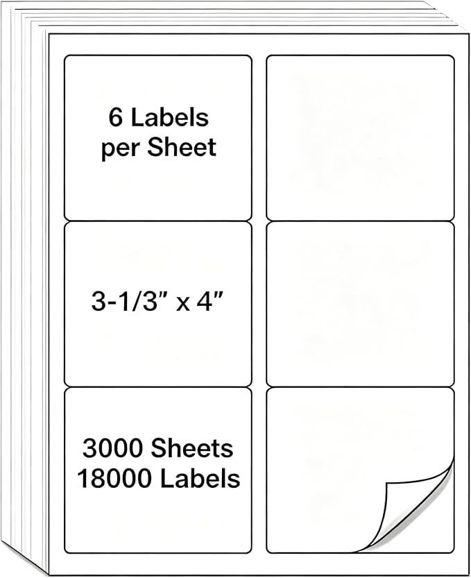 MPRT 3000 Sheets 3-1/3" x 4" Shipping Address Labels Printable Label Stickers Paper for Laser/Inkjet Printer 6 per Page Mailing Labels, FBA Box Labels - Matte, 18000 Labels