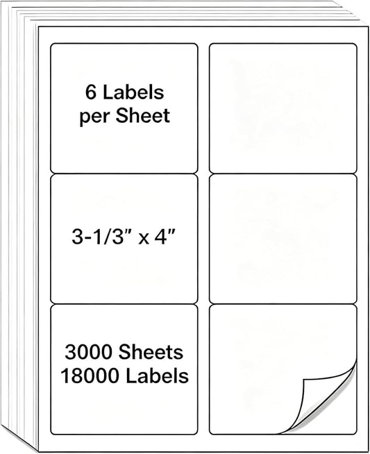 MPRT 3000 Sheets 3-1/3" x 4" Shipping Address Labels Printable Label Stickers Paper for Laser/Inkjet Printer 6 per Page Mailing Labels, FBA Box Labels - Matte, 18000 Labels