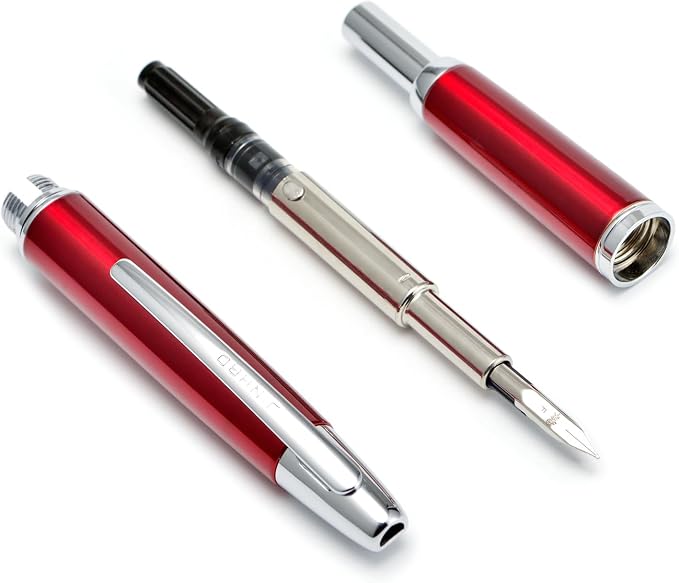 Jinhao 10 Press Fountain Pen with Box, Rose Red Retractable Fine Nib with Ink Converter Set (Silver Clip)