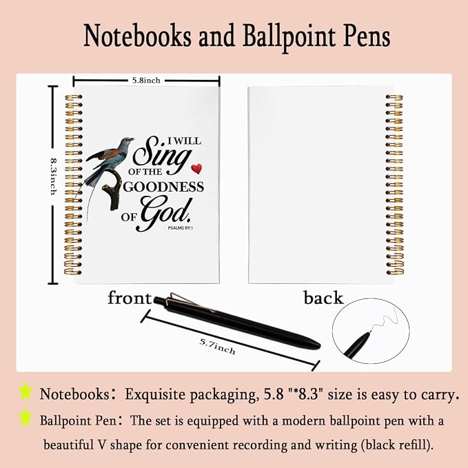 Christian A5 Spiral Notebook Journals for Women & Ballpoint Pen 2pc - I Will Sing of The Goodness of God,Prayer Journal for Woman,Bible Notebook