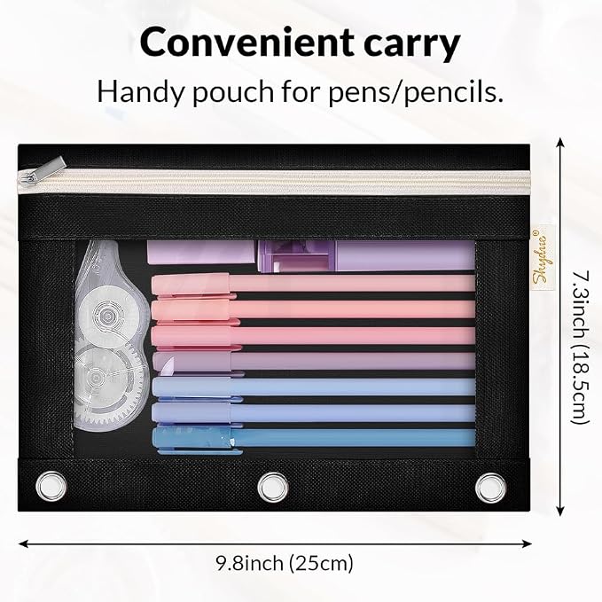 SKYDUE Pencil Pouch for 3 Ring Binder, Zipper Pencil Pouches for Girls Boys, Clear Window Pencil Bag, 3 Ring Pencil Pouch Case for Binder, Durable Organizer for School Supplies