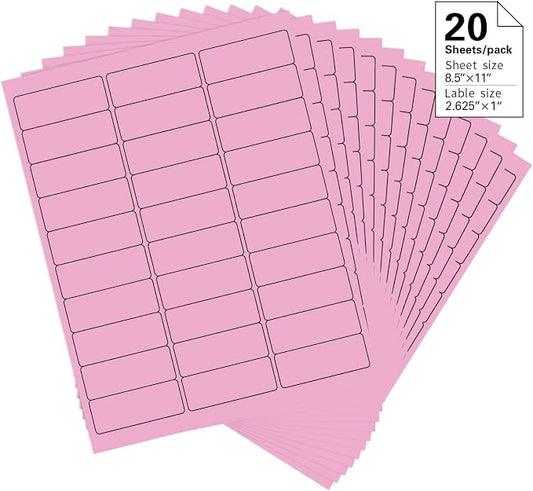 1" x 2-5/8" Colored Address Labels, 600 Bright Pink Label Stickers- Laser/Ink Jet Printer Mailing Labels, 8.5"x11" 20 per Sheet