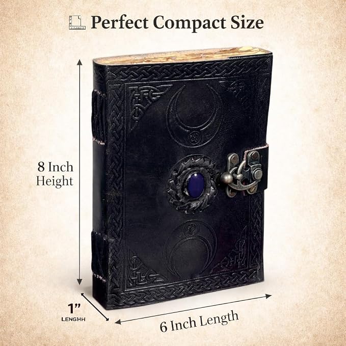 cuero 3 Moon Blue Lapis Embossed Vintage Leather Journal | 240 Pages of Antique Handmade Deckle Edge Vintage Paper, Leather Sketchbook, Drawing Journal, Great Gift (6 inch by 8 inch, black)
