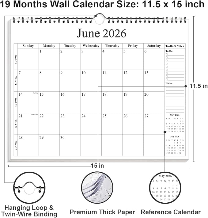 2026-2027 Calendar - Wall Calendar 2026-2027 from July 2026 - December 2027, 18 Months Calendar with Premium Paper, Twin-Wire Binding & Hanging Hook, 12" x 14.5", Black