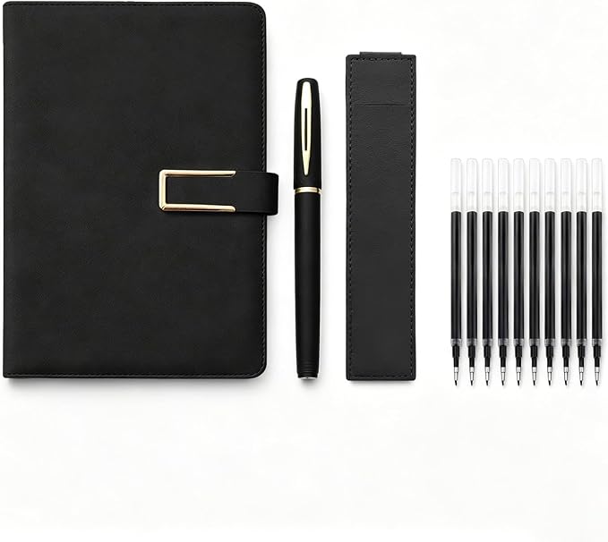 CRME A5 Lined Journal Notebook Set,Hardcover Writing Journal with Magnetic Clasp,Ballpoint Pen and Refills for Work Office Notes,Black