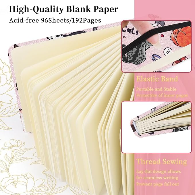4.8" Square Pocket Sketch Book,Hardcover Art Sketchbook for Drawing Journal | Cloth Cover,80gsm Blank Paper,96Sheets,Lay-Flat,Portable Travel Creation Paint Diary Memo Planner,Dry Media.Pink Cat