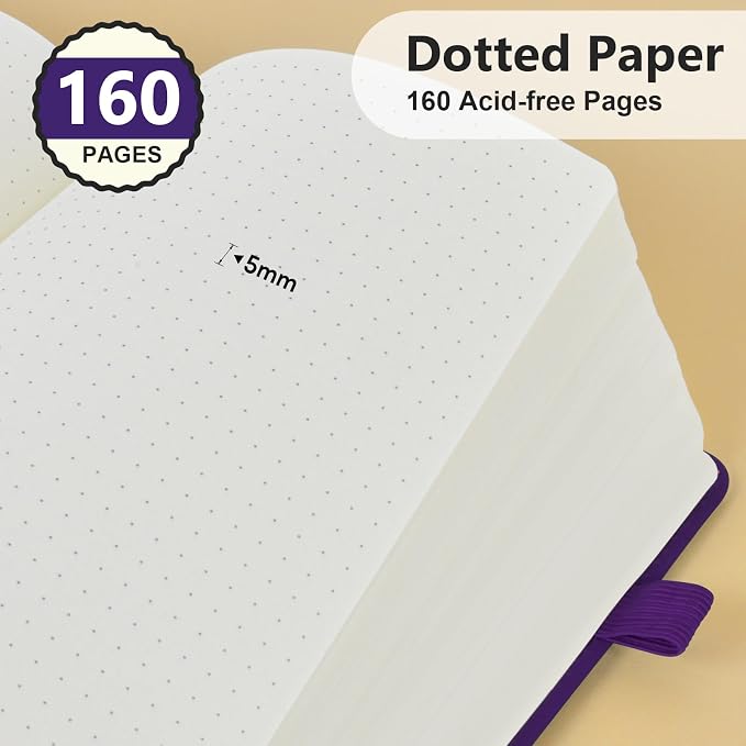 PERCUN A5 Dotted Journal Notebook, Leather Hardcover Notebook 5.9"×8.5" | 160 Dotted Pages Journal for Women & Men, Dot Grid Notebook for Writing, Work, School, Travel Daily Diary, Bullet Journaling