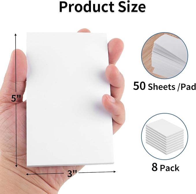 8 Pack Note Pads 3x5, Blank Server Notepad Scratch Pads, 50 Sheets Each | 80 GSM Thick White Paper for Writing, Quick Notes, Grocery Shopping Lists, Small Mini Memo Notebook for Home and Office