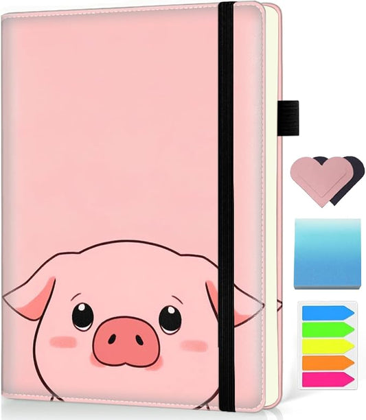 Hardcover Executive Notebooks, A5 PU Leather Lined Journal Notebook, 200 Pages Thick Paper Subject Notebooks for School,Work,Home Writing Business Notebook, Diary Book ， Pink Pig