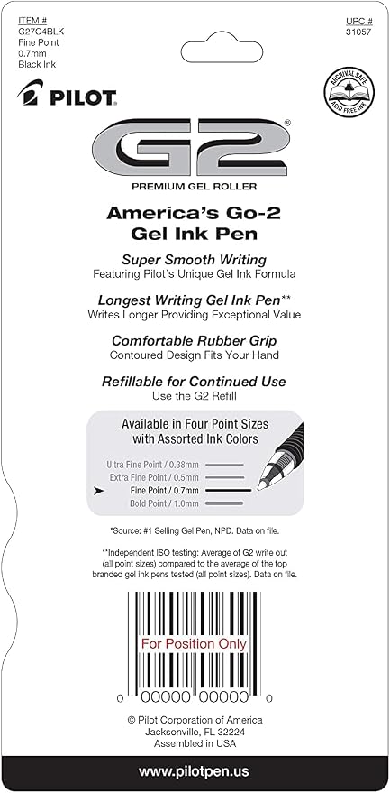 Pilot G2 Pens, Premium Refillable and Retractable Rolling Ball Gel Pens, Fine Point, 0.7mm, Black Ink, 4-Pack
