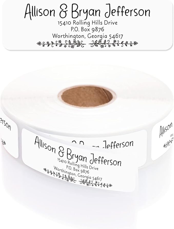 Black and White Botanical Rolled Address Labels / 500 Personalized Return Address Labels/Designer Address Stickers in Elegant Plastic Dispenser