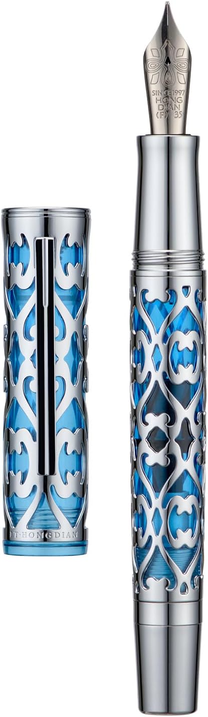 HONG DIAN D1 Piston Fountain Pen Fine Soft Nib, Silver Blue Hollow Skeleton & Resin Pen with Metal Case Set