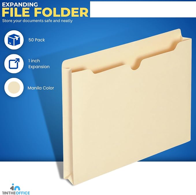 1InTheOffice File Jacket Folders, Manila, Letter Size, Reinforced Straight-Cut Tab, 1" Expansion, 50 Pack