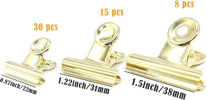 Gold Bulldog Clips, Binder Paper Clips, Samll, Medium, Large, Assorted Sizes Clips for Kitchen, School and Office.