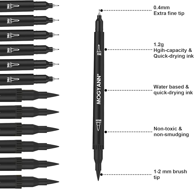 Drawing Pens, 12 Pack Dual Brush Pens Black Markers for Art Drawing Sketching