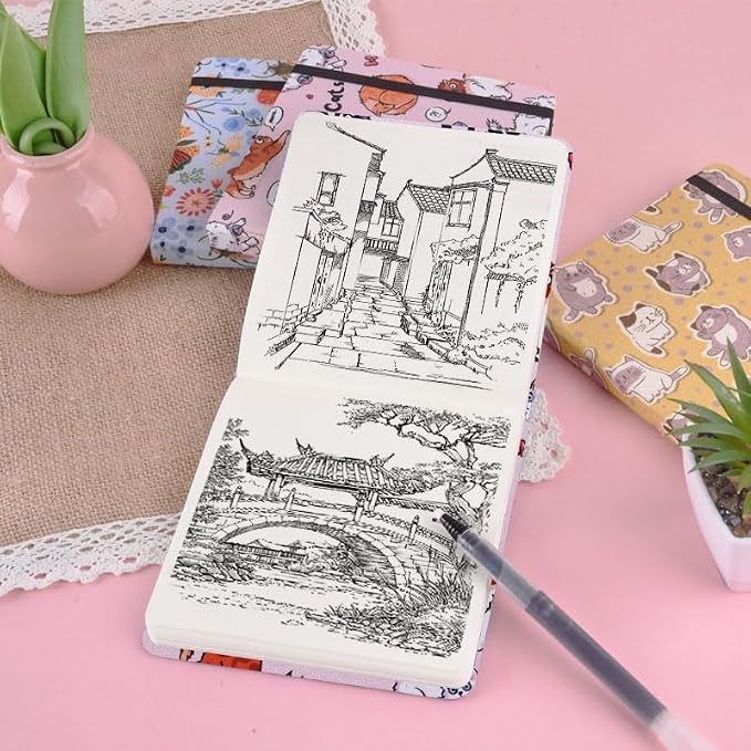 qianshan 4.8" x 4.8" Hardcover Sketchbook,Small Mixed Media Sketch Pad,96 Sheets 80gsm Acid-Free Artist Travel Journal Pocket Blank Notepad for Adults Drawing Painting,Art Supplies.Pink Cute Cat