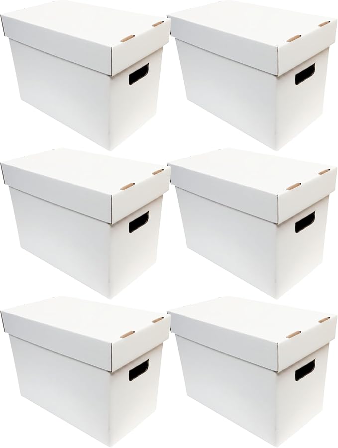 Max Protection Magazine Storage Boxes with Lids - Heavy Duty, 6 Pack | 200 lb Test Corrugated, Made in USA, File and Document Organizer, White, Tool-Free Assembly