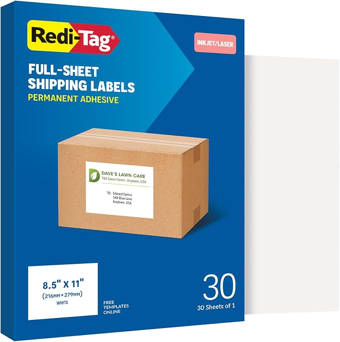 Redi-Tag 8.5" x 11" Shipping Labels, 30 per Pack, White, Laser and Inkjet Full Sheet Printer Labels, Self-Adhesive, Permanent Stick, Smudge-Resistant, Perfect for Shipping, Mailing, and Warehouse Use
